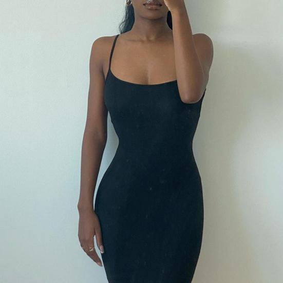 Women Sling Dress Sleeveless Square Collar Slim Fit Floor Length Dress Solid Color Office Party Wedding Sexy Dress