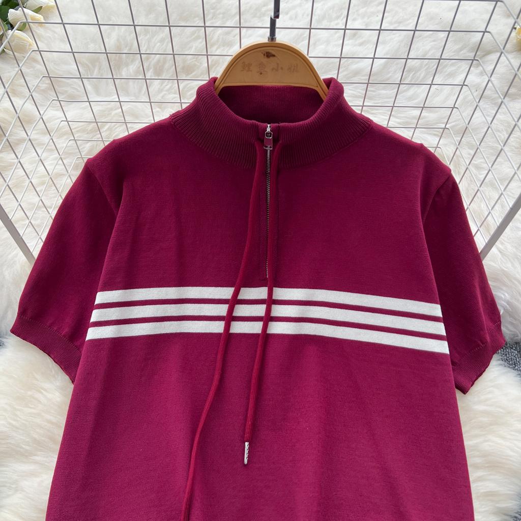 Summer Women Drawstring Knitted Sweater Trouser Two Piece Set Short Sleeve Zipper Pullover Tops and Wide Leg Pant Suit