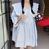 VONDA Women Casual Doll Collar Lace Patchwork Long Sleeve Dresses