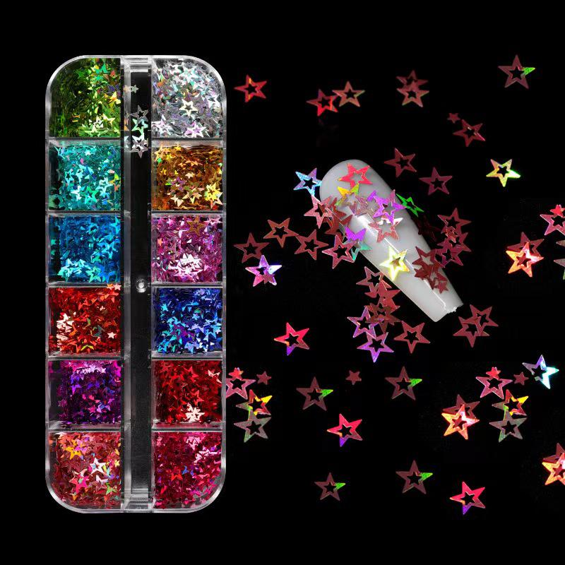 12-Color Star Sequin Nail Stickers - Laser Hollow DIY Art Material
