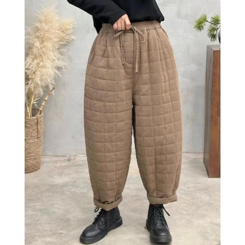 Johnature Woman Winter Vintage Solid Color Harem Pants Elasticated Waist Chinese Style Loose Pants