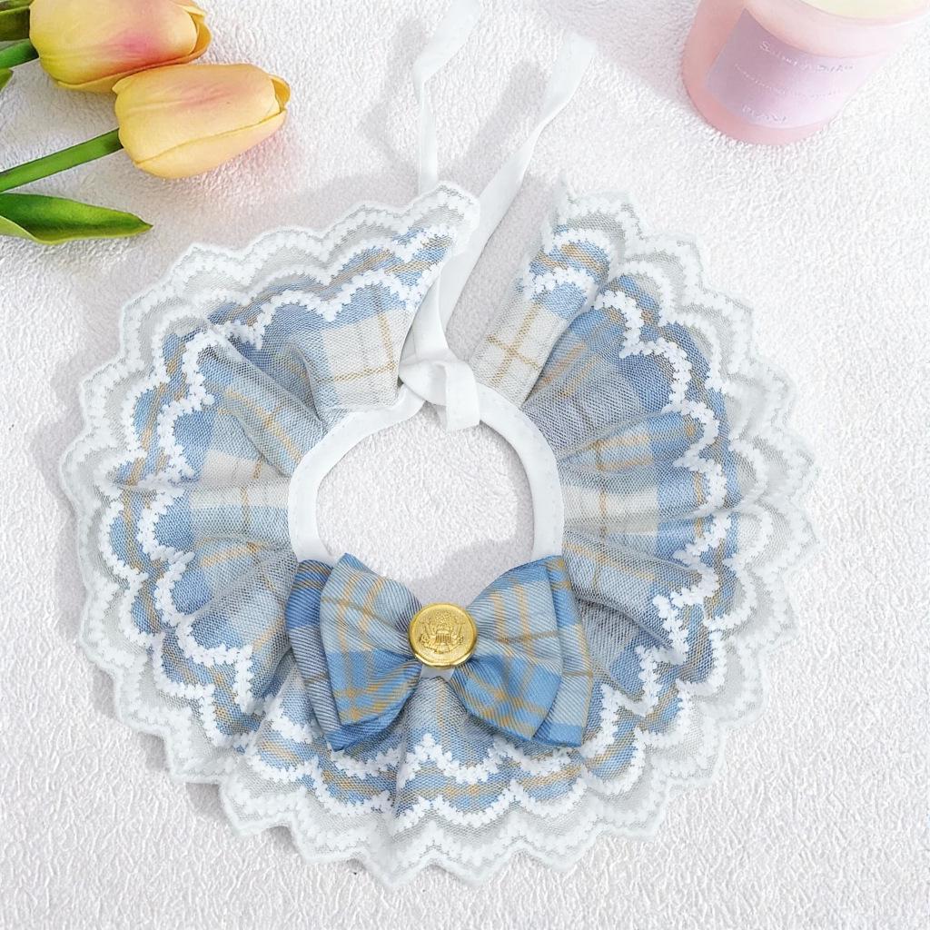 College Style Double Layer Gauze Bow Pet Bib with Lace Trim