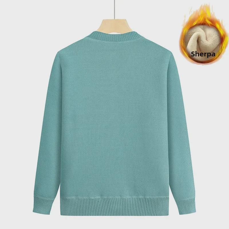 Middelaldrende og eldre kvinners strikkede cardigan med plussfløyel - Høst/vinter genser med rund hals