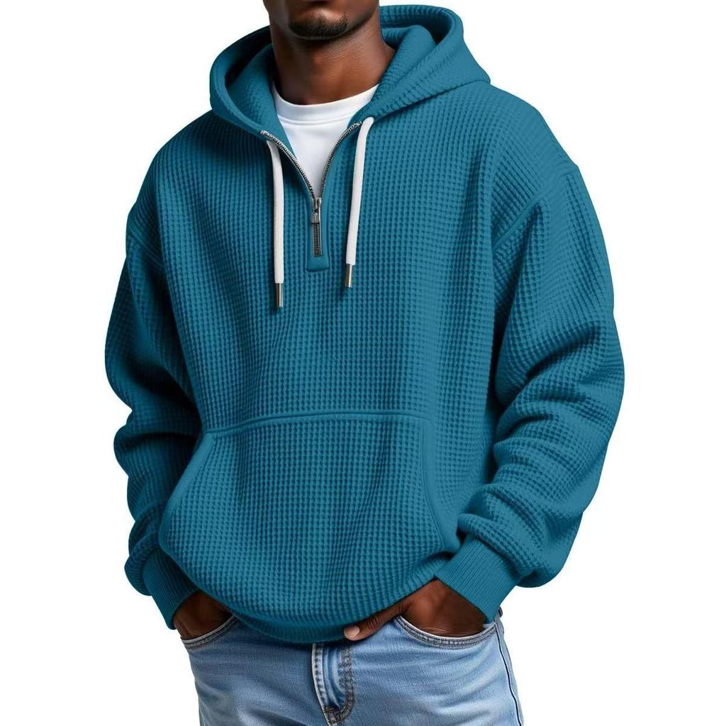 European Heavyweight Waffle Long Sleeve Hooded Sweatshirt - Men's Loose Fit, Pure Color, Casual Style