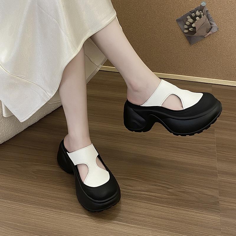 Baotou half slippers for women to wear spring and summer new soft leather thick-soled casual height increase lazy pedal cool slippers