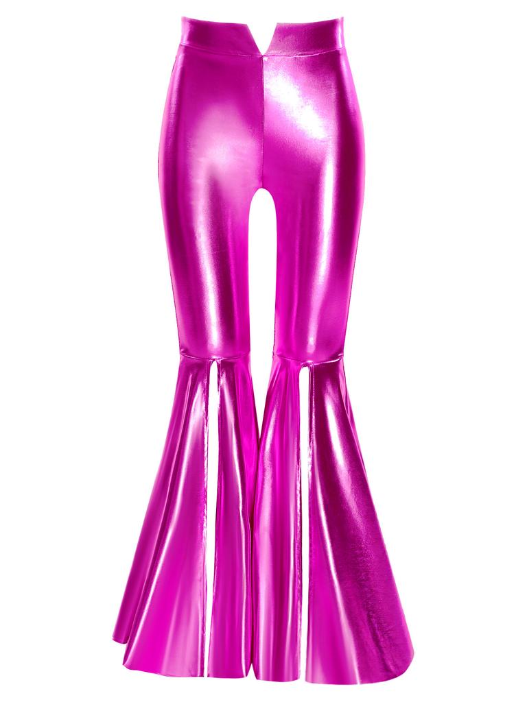 Girls Stage Performance Set Square Collar Metallic Crop Top Ruffled Sleeves Sequins with Split Bell Bottom Shiny Pants for Jazz Dance Recital