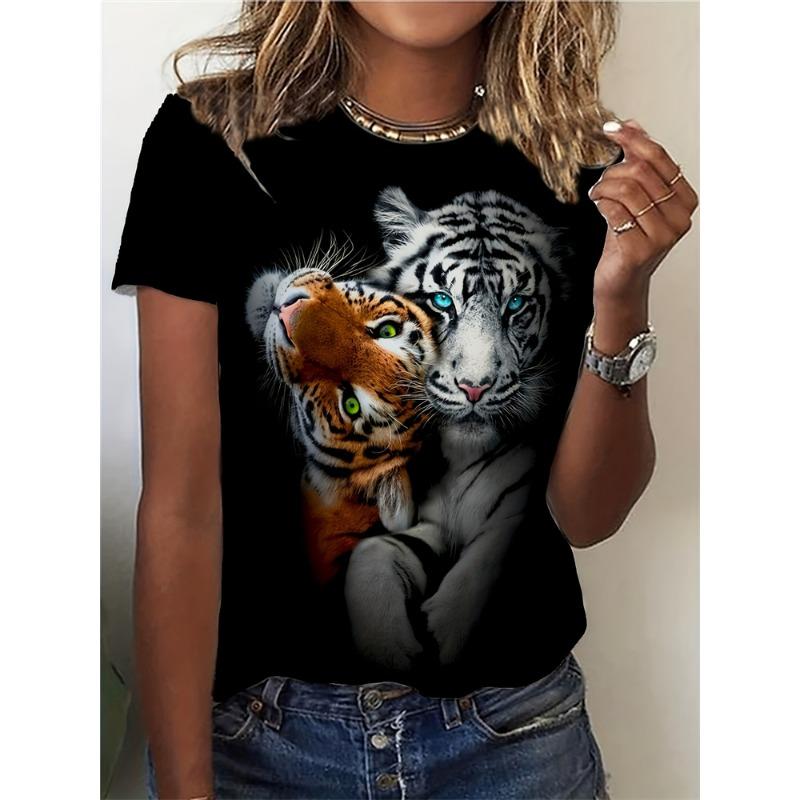 Summer casual women's T-shirt in cartoon style - Cute cat print loose T-shirt top