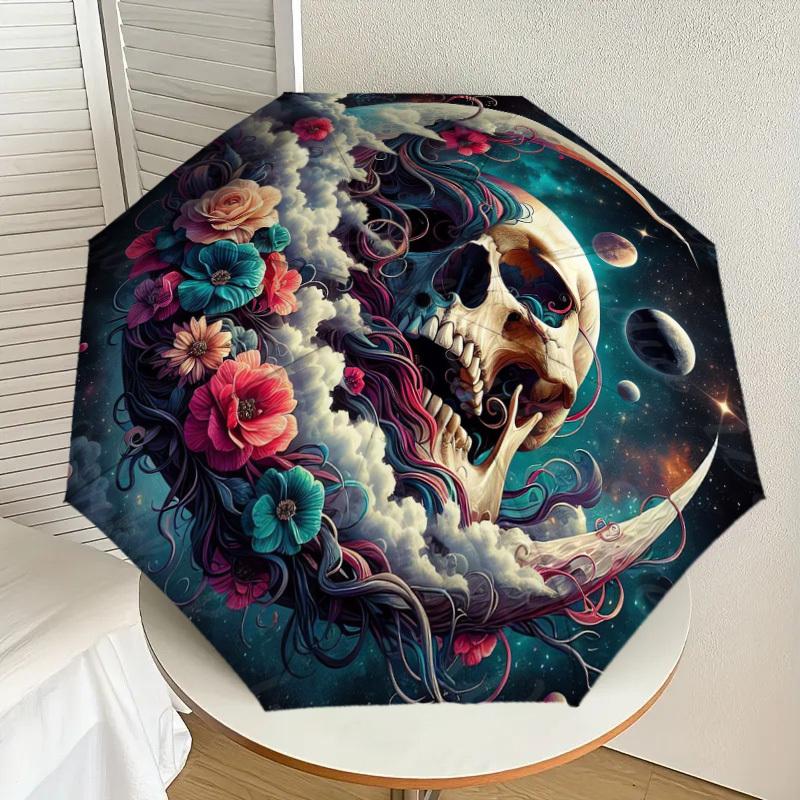 1pc Floral Cosmic Skull Yin-Yang Umbrella with Plastic Handle,Suitable for All Seasons Home Travel Outdoor UmbrellaDD1570
