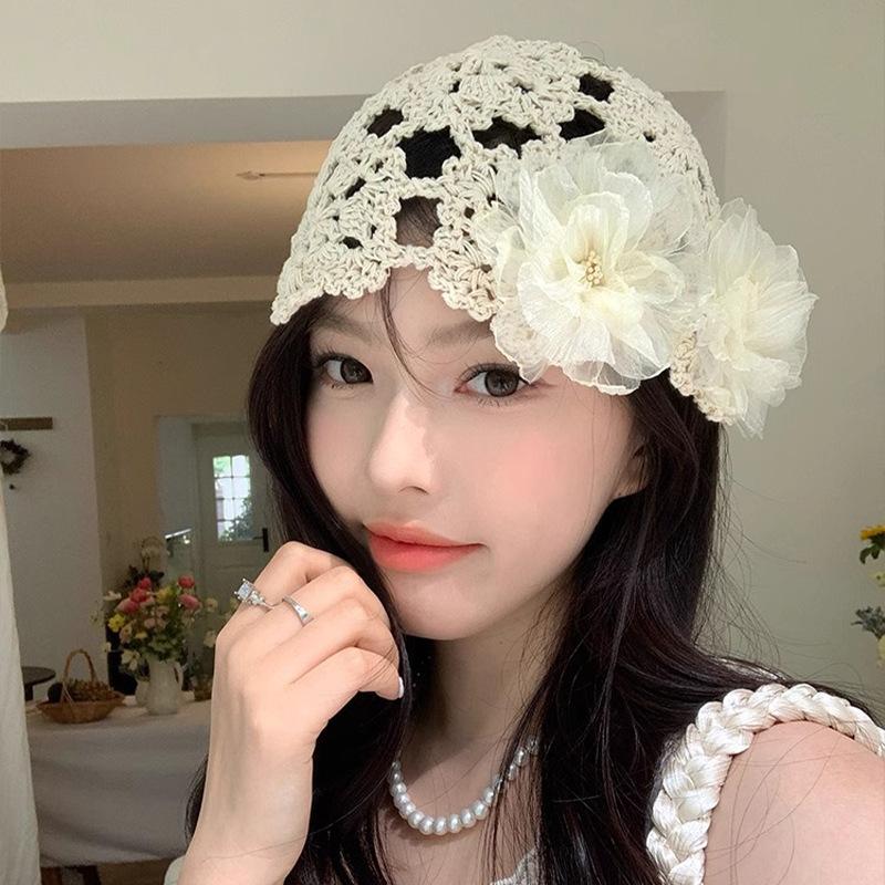 Summer thin hollow pearl flower handknitted headgear female sweet cute niche hat
