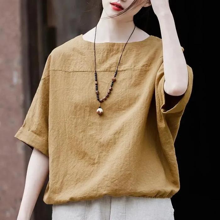 Mid-sleeved T-shirt for Women's Summertime New Arrival Mother-wearing Round Neck Cotton and Linen Top Temperament Small Shirt Chinese Style Tea