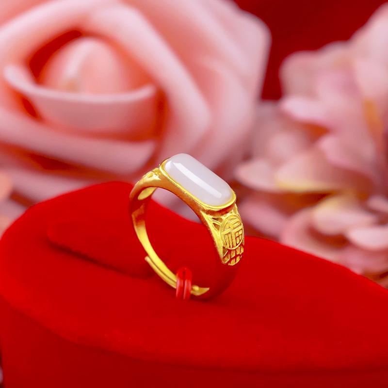 Retro-Style 24K Gold-Plated Jade Ring with Green Chalcedony & Fu Character