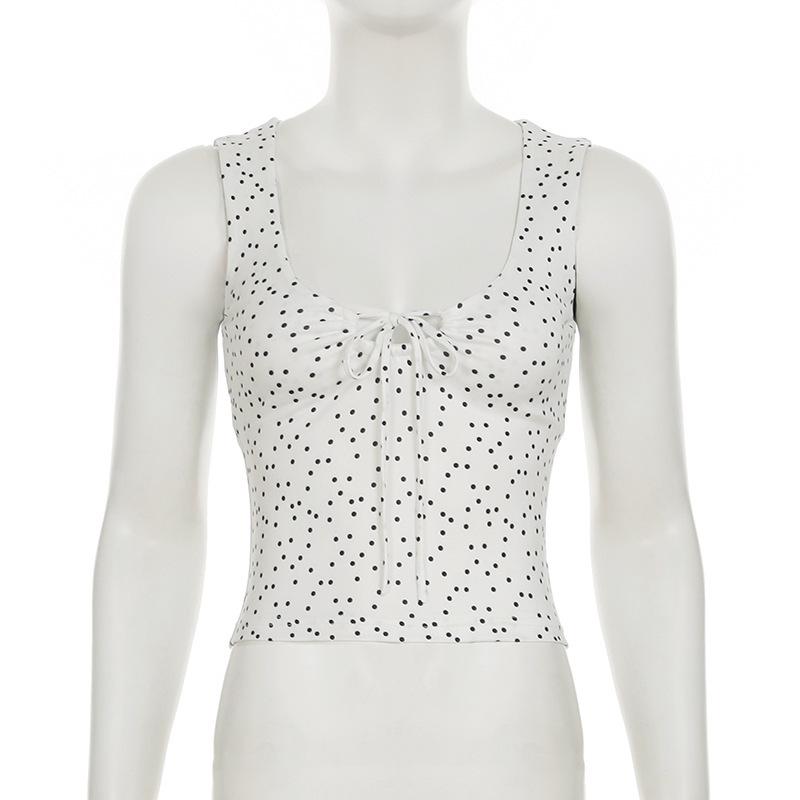 European & American Style Polka Dot Pleated Tie-Up Tank Top with Round Neck, Versatile and Slim Fit