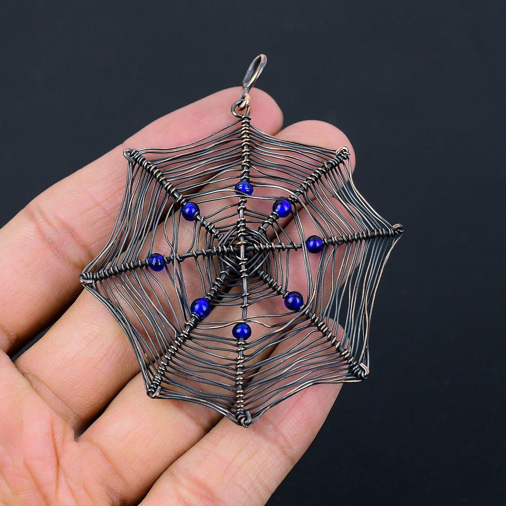 Spider Web Shaped Blue Topaz Gemstone Pure Copper Wire Wrapped Handmade Pendant Jewelry