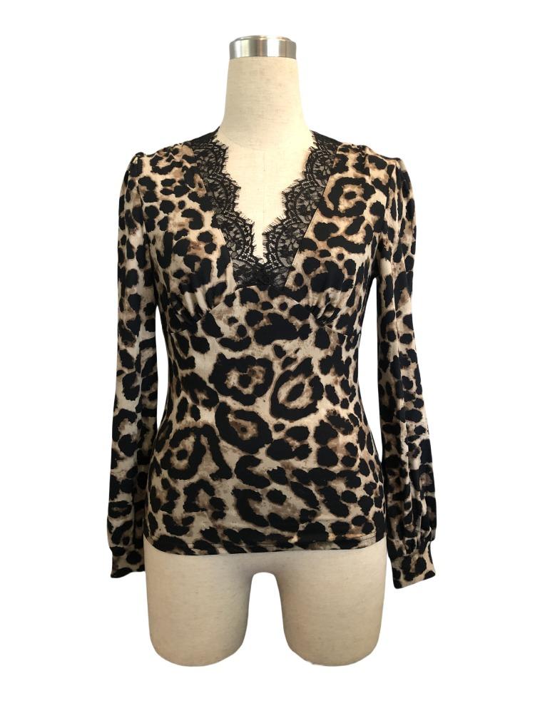 Women V-Neck Bubble Sleeve Collision Lace Leopard Pattern Retro Slimming T-Shirt Top Women Versatile Closet Essential Fashion Items Shirt