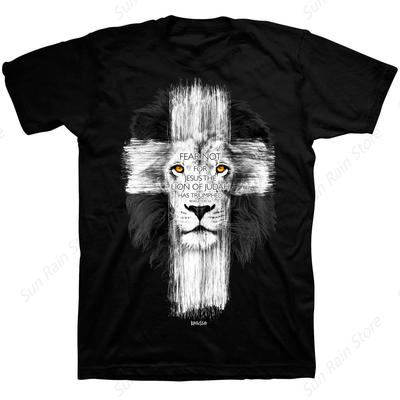 Lion Cross Christian Jesus Lion of Tribe Judah Cross Vintage T-Shirt - Men's Summer Cotton Graphic Tee
