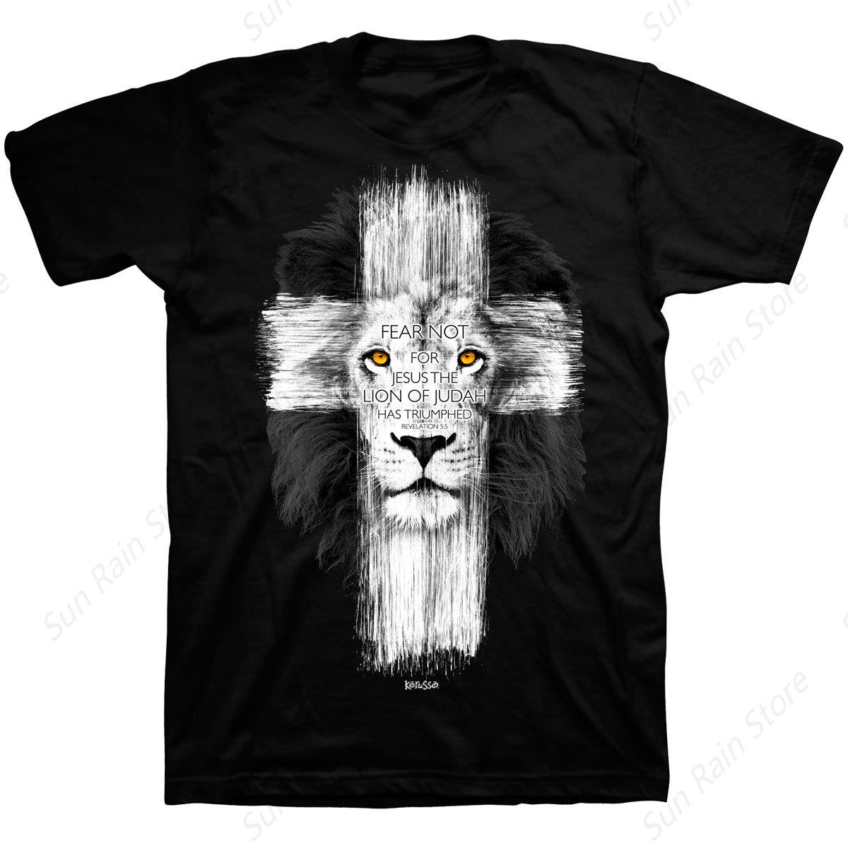 Lion Cross Christian Jesus Lion of Tribe Judah Cross Vintage T-Shirt - Men s Summer Cotton Graphic Tee S