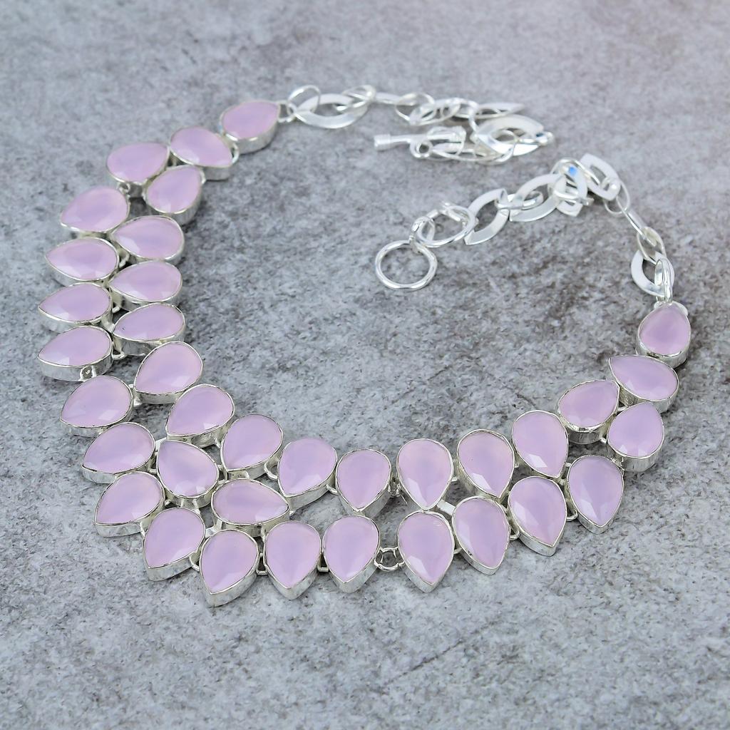 Pink Chalcedony Gemstone Handmade 925 Sterling Silver Jewelry Necklace 18" M-321