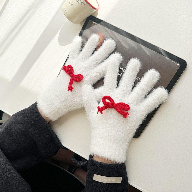 Korean Style Cute Bow Plush Knitted Gloves Autumn and Winter Warm and Cold Proof Five Finger Gloves Cycling Finger Gloves
