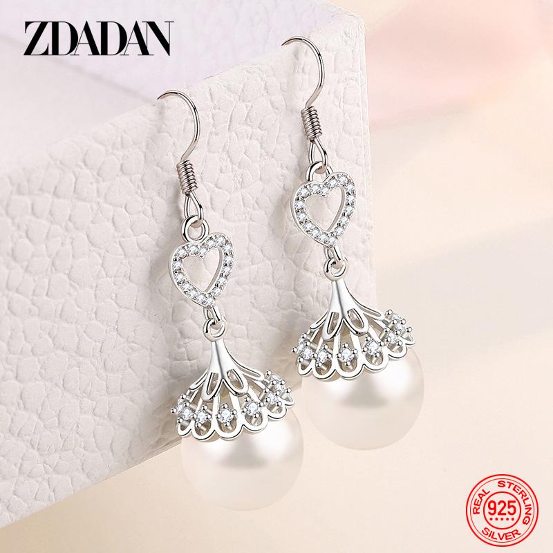 

925 Sterling Silver Pearl Heart Dangle Earrings for Women Fashion Wedding Jewelry Gift
