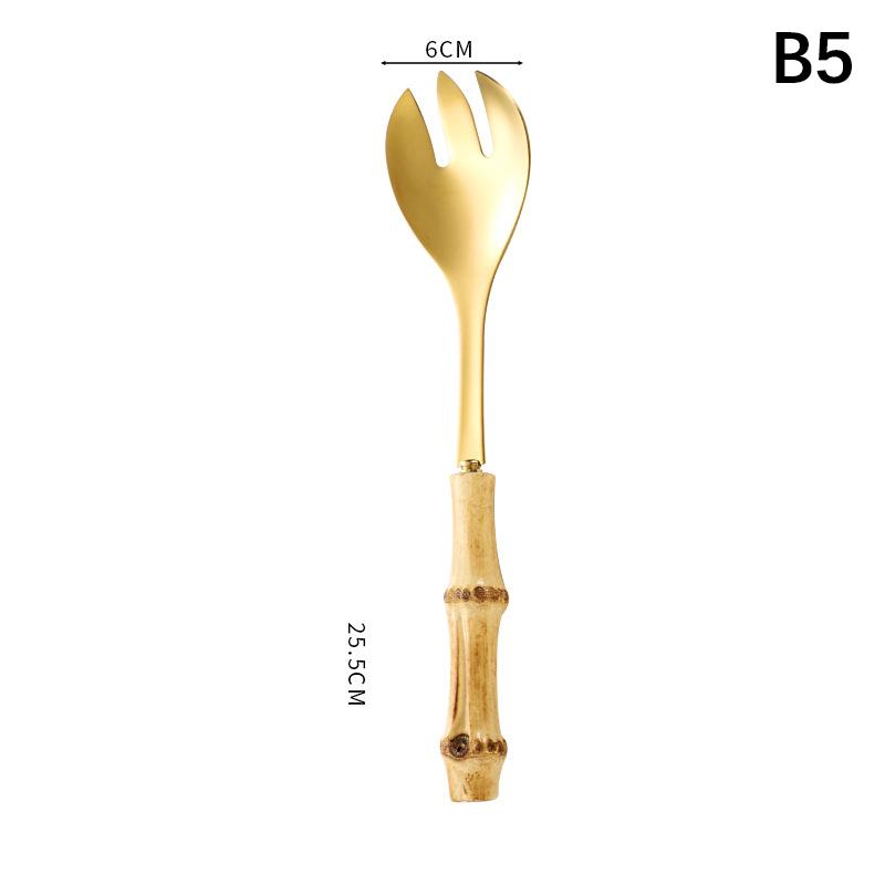 Long Handle Serving Spoon Fork Stainless Steel Gold Silver Bamboo Wooden Salad Spork Dessert Salad Spoon Tableware Set Kitchen