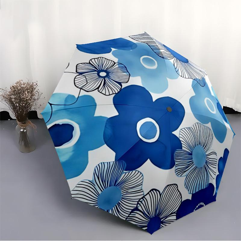 1pc Blue Floral Pattern Automatic Umbrella - 8-Rib Foldable Design, Outdoor Adventures, and Family Celebrations Yy250829094