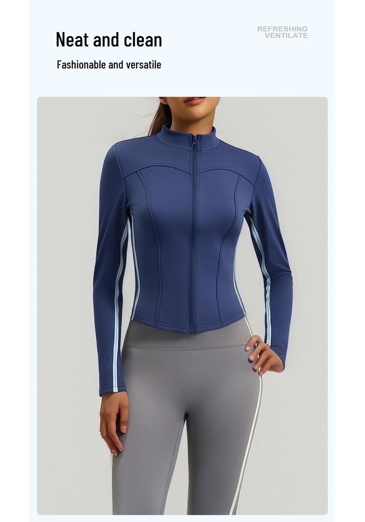 Women's Autumn & Winter Stand-up Collar Yoga Jacket, Waist-cinching Slim Fit, Long-sleeve, Outdoor Sports, Double-stitched Color-block Design.