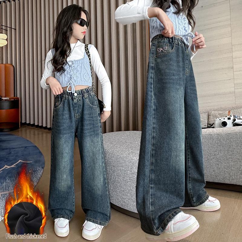 Girls' 2024 Spring & Autumn Fleece-Lined Wide-Leg Jeans - Straight-Leg Style for Winter, Suitable for Middle and Big Children.