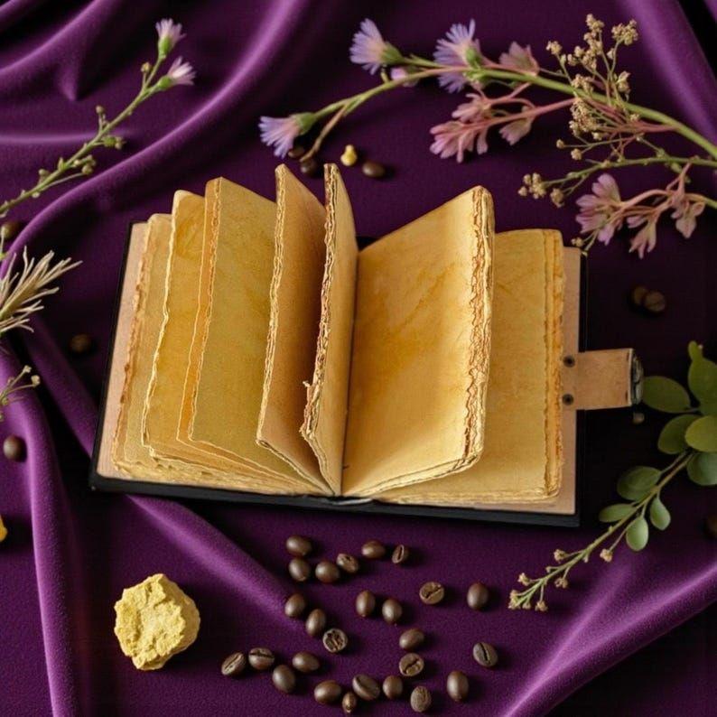 Moonlit Wildflower Leather Grimoire | Handmade Spell Book of Shadows, Vintage Deckle Paper Journal, Unique Wildflower Gift for Him and Her