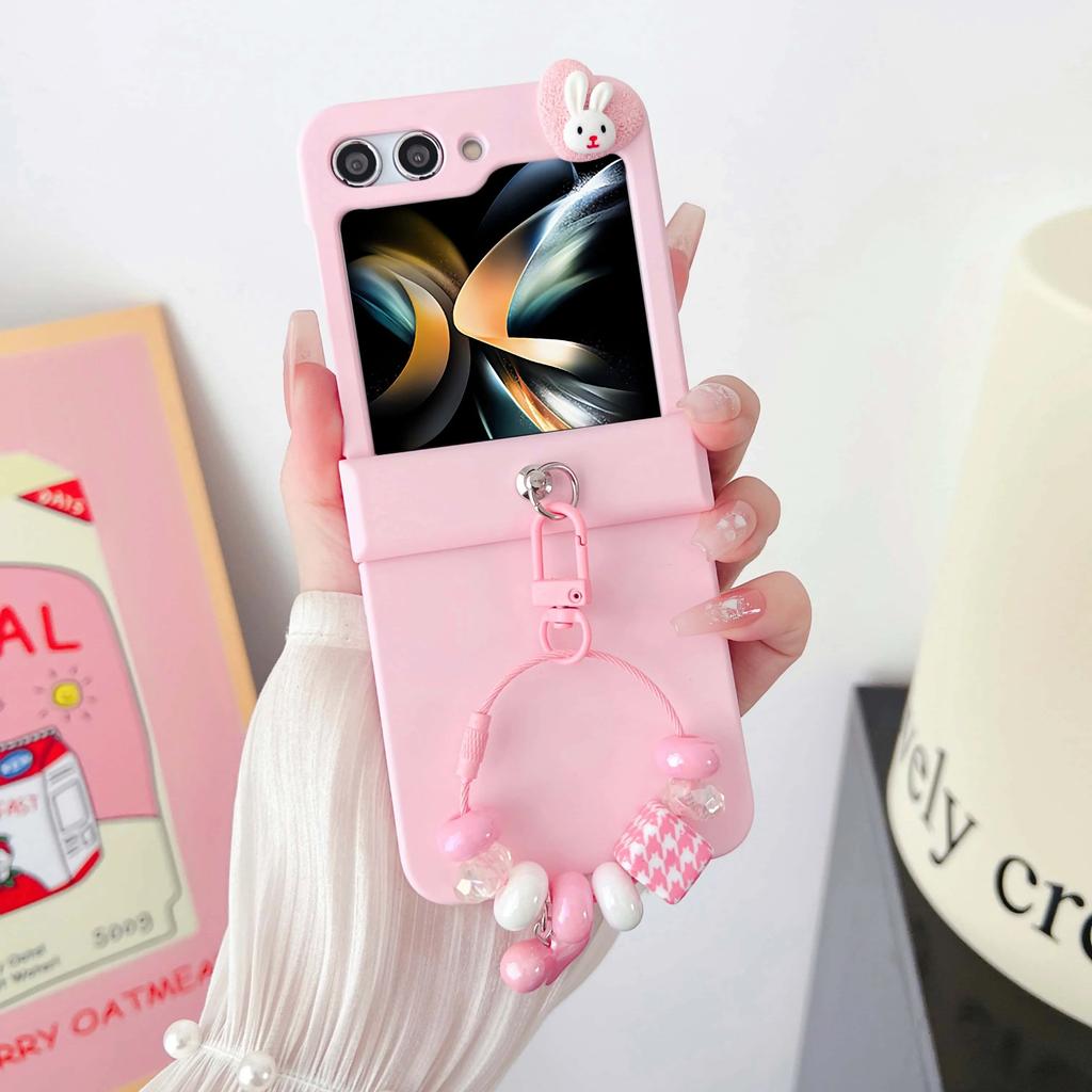 Cute Rabbit Bling Glitter Bead Wrist Strap Phone Case for Samsung Galaxy Z Flip 7 6 5 4 3 5G Hinge Protection Shockproof Cover