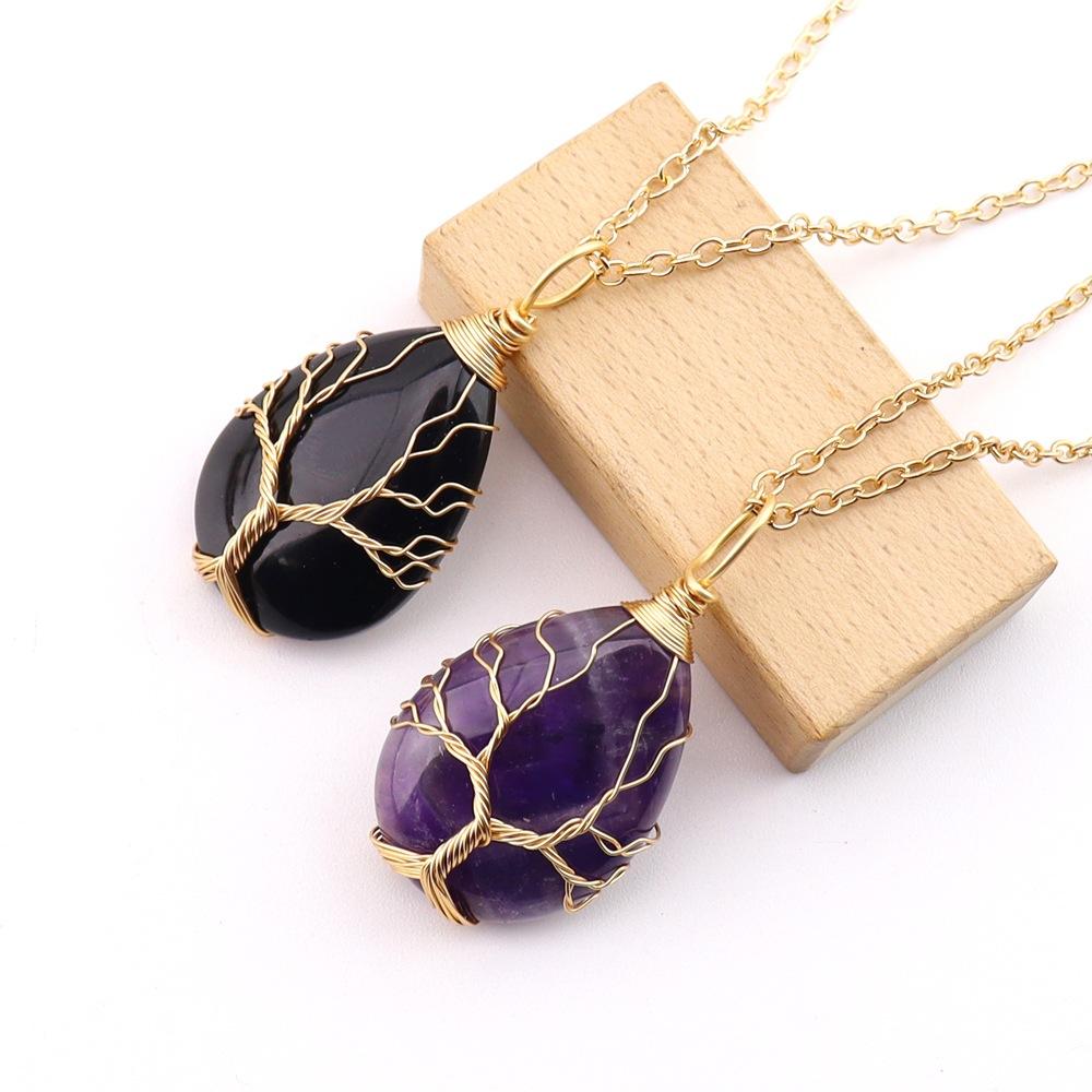 Natural Stone Crystal Agate Water Drop Winding Silk Tree Of Life Pendant Necklace Sweater Chain Water Drop Rough Stone N781