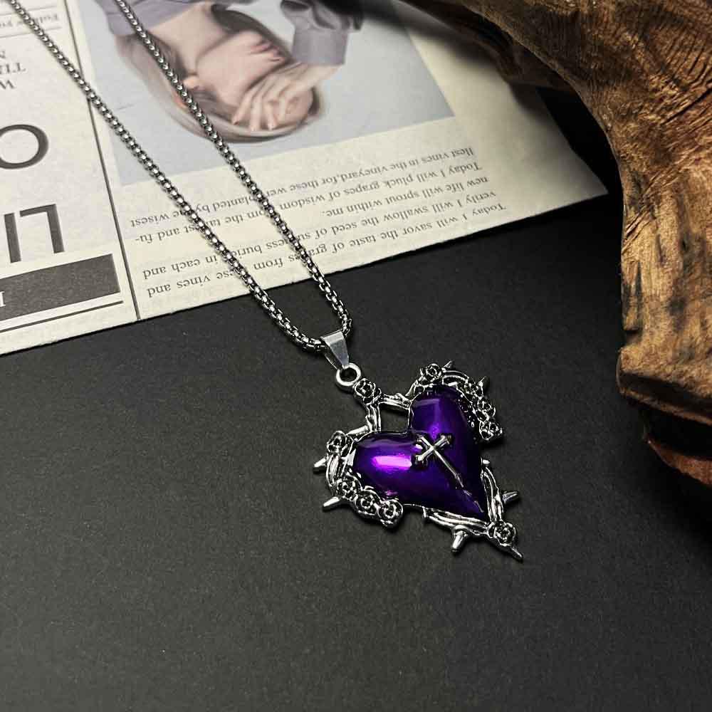 Gothic Bat Rose Heart Cross Pendant Necklace - Hip Hop Unisex Sweater Chain