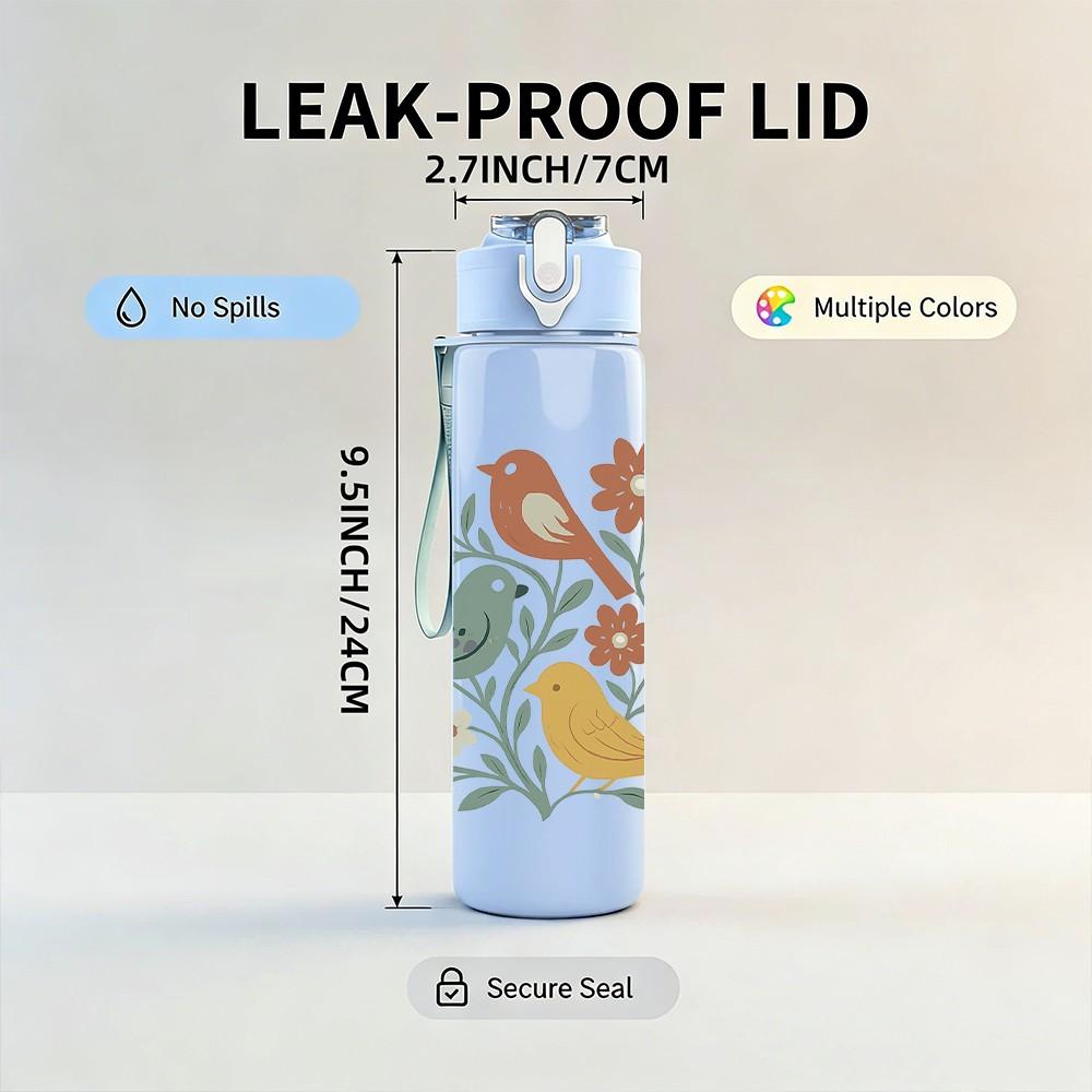 1PC Twin Floral Songbirds 750ml Color Plastic Sports Water Bottle Leakproof Flip Straw Lid Suitable for Sports Office Home Use