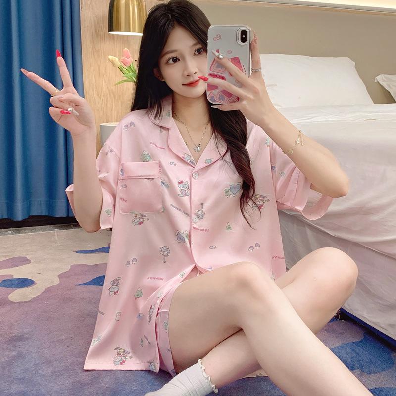 Sweet Wind Cartoon Printed Pajamas Girls Short Sleeves Long Pants Milk Huhu Ice Silk Loungewear Wear Outfit