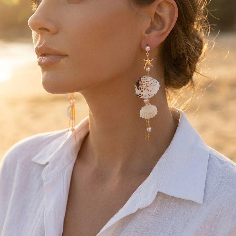 Bohemia Shell Starfish Pendant Earrings for Women Exquisite Imitation Pearl Conch Long Tassel Dangle Earring Beach Party Jewelry