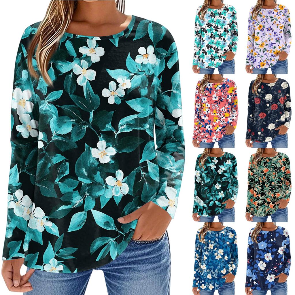 Women's Fashionable Casual Printed Long Sleeved Round Neck Top Round Neck Top Top