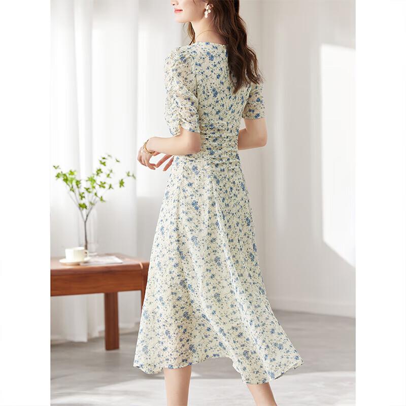 Sentubila Summer French Floral Print Dress with Puff Sleeves