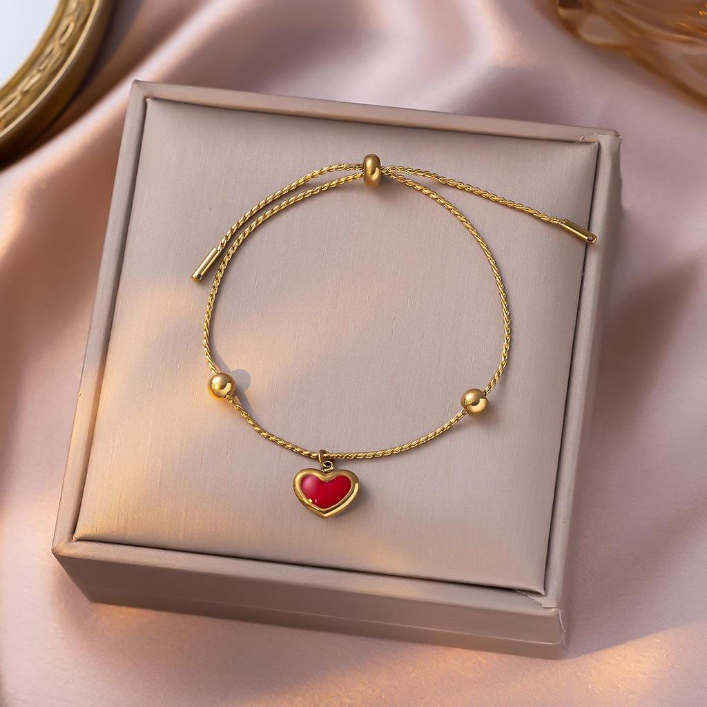 Elegante Collana a Cuore in Acciaio al Titanio - Catena alla Clavicola alla Moda con Smalto Rosso per Donna