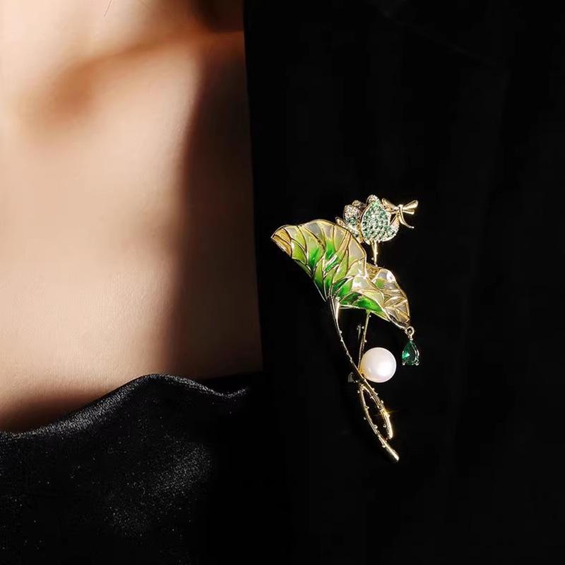 Lotus Pond Moonlight Enamel Brooch - Elegant Lotus Design Pin for Women
