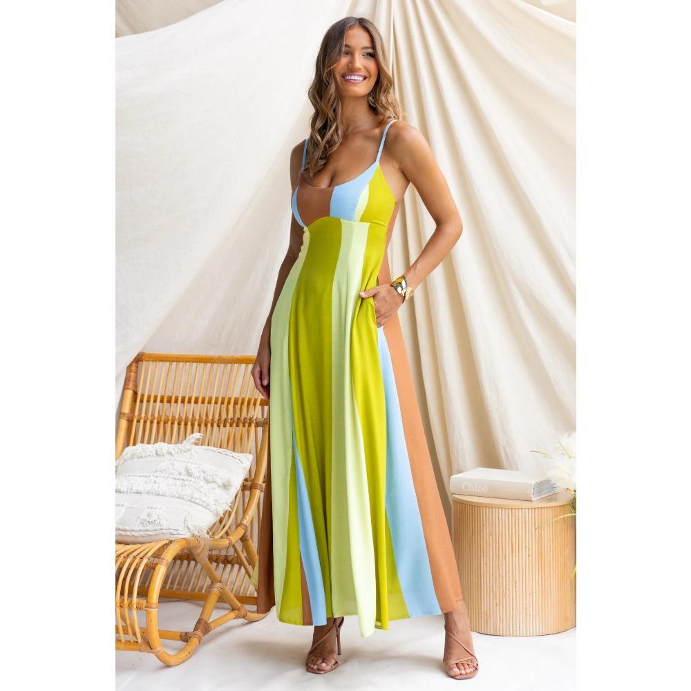 

European and American Summer Models Positioning Striped Printing Fashionable Sweet Suspender Medium and Long Dress 97 S зелёный