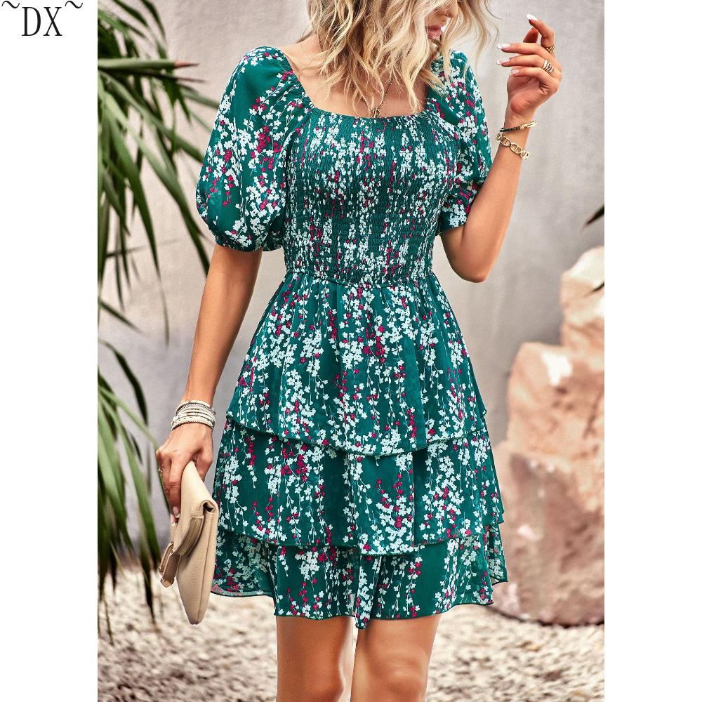 DX~~ Designer Women's Dress Spring and Summer French Square Neck Cake Skirt Independent Station Fashion Resort Women's Wear