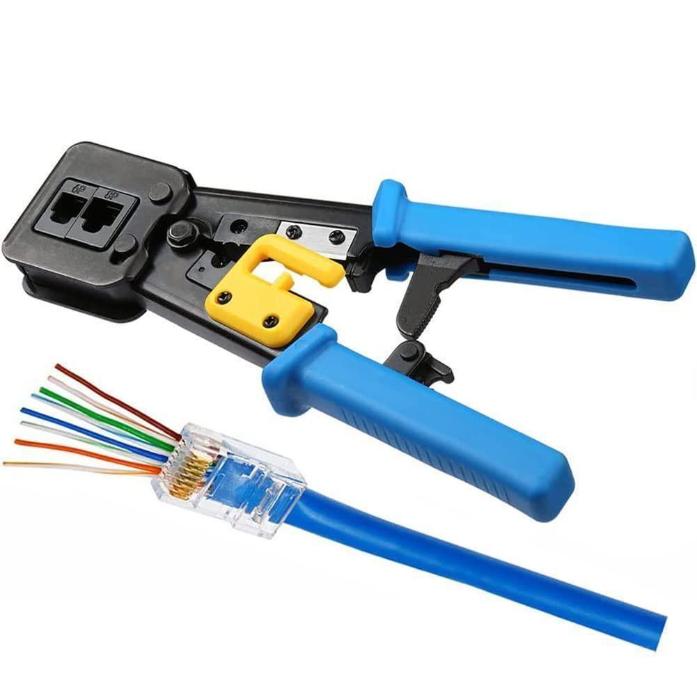 RJ45 Crimping Tool Ethernet Crimper Cat6 Cat5 Cat5e RJ45 Pass Through Connectors R11/RJ12 Regular Ends with 50Pcs Connectors 50Pcs Covers