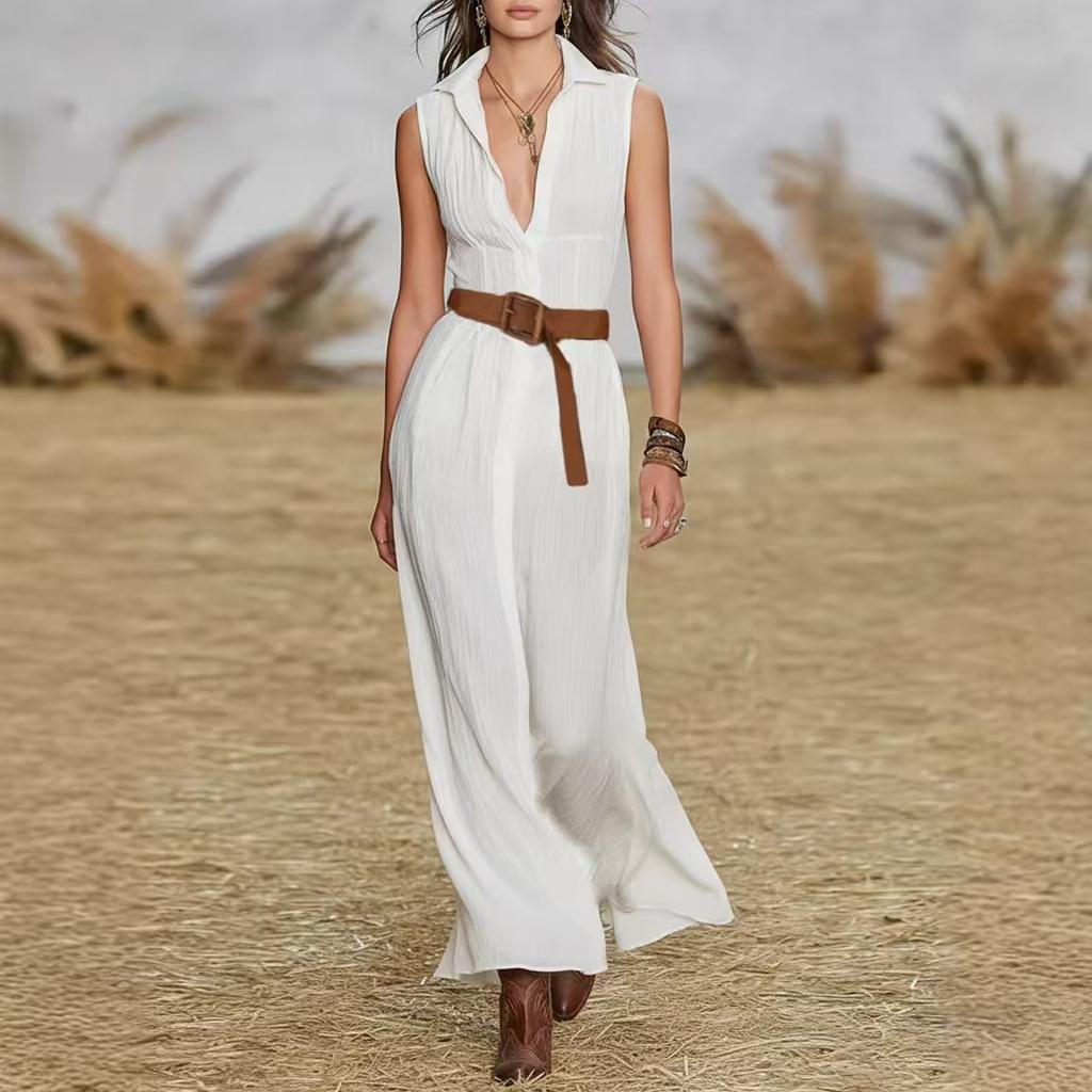 Women's Fashion Color V-neck Sleeveless Dress