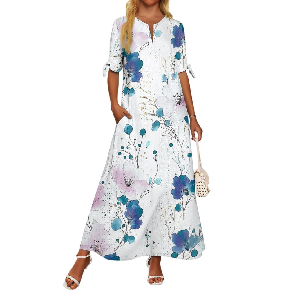 Ladies Casual Fashion Temperament Elegant Waist Patchwork Floral Print Long Dress