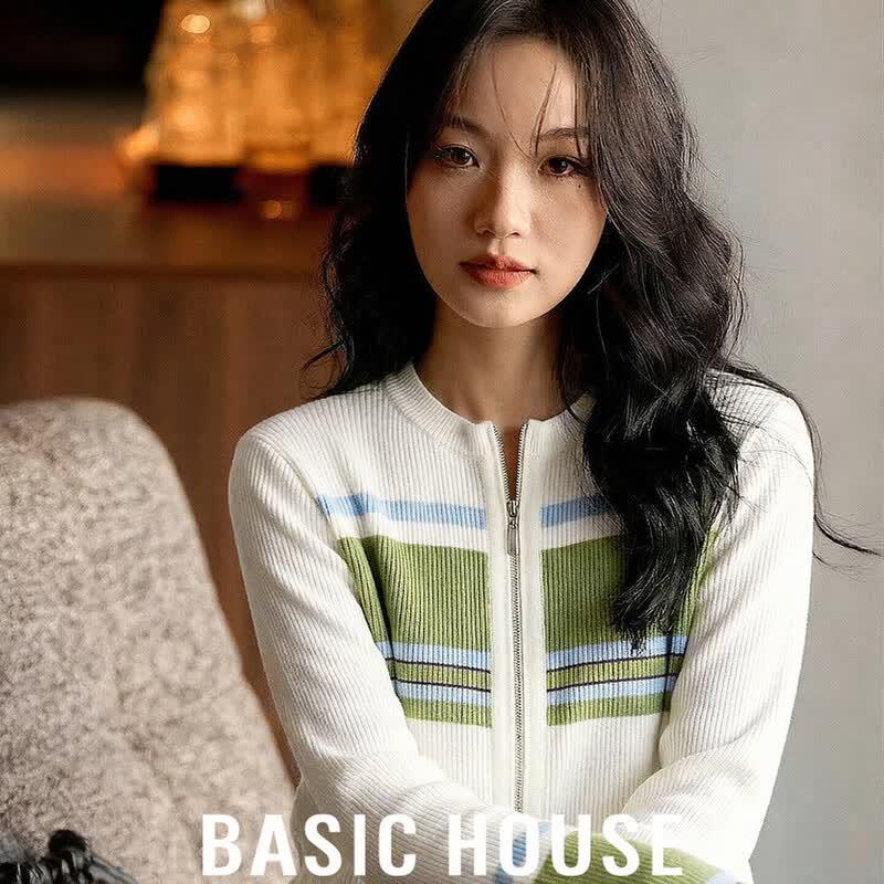 Basic House Women s Color Block Stripe Knit Cardigan M
