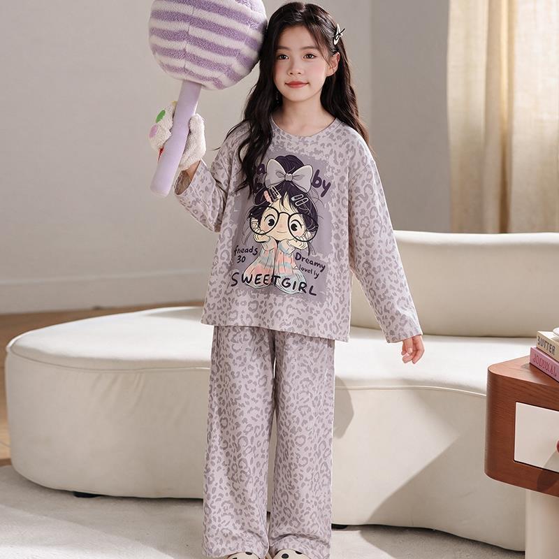 100% Cotton Girls Long Sleeve Pajamas Set Cartoon Print Round Neck Sleepwear Kids 8 Years