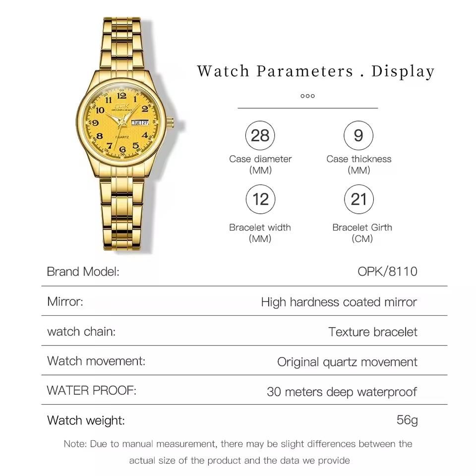 OPK Luxury Quartz Watch for Women Elegant Stainless Steel Watch Luminous Waterproof Dual Calendar Wristwatch Ladies Dress Watch