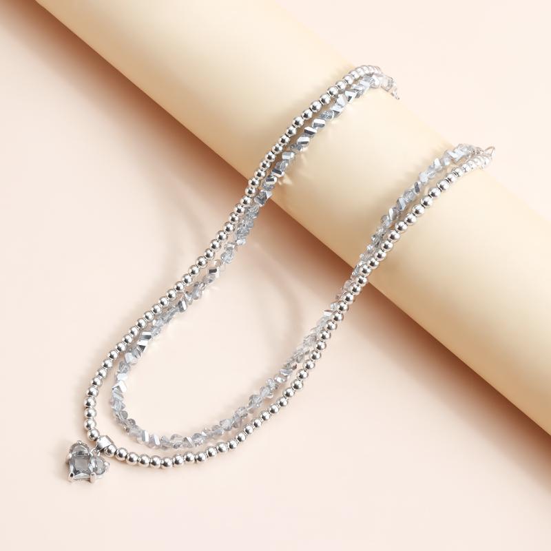 Boho Double Layer Geometric Transparent Crystal Jewelry Fashion Vintage Zircon Heart Pendant Necklace For Women 1PC
