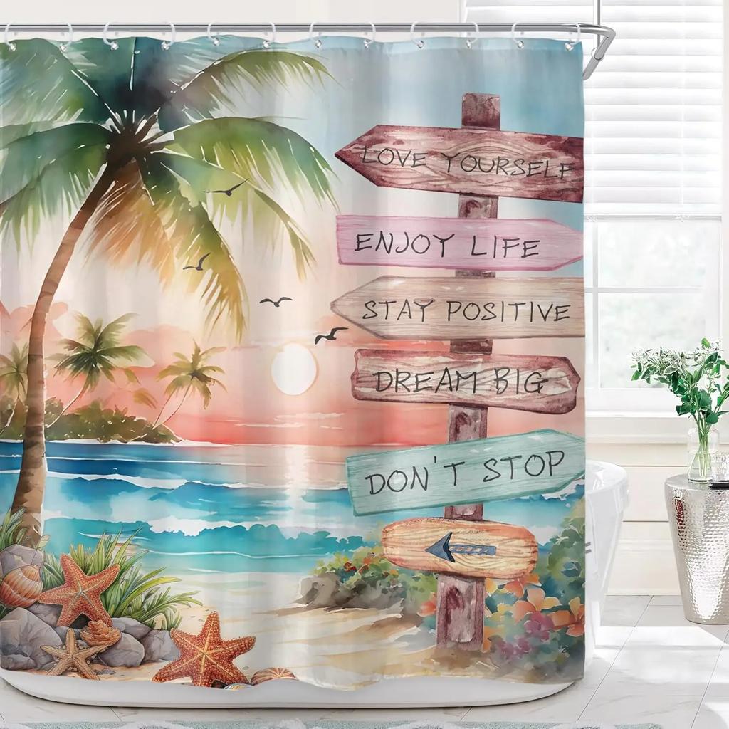 Ins Tropical Beach Palm Tree Shower Curtain Bathroom Decoration Coastal Sunset Landscape Art Waterproof Shower Curtain