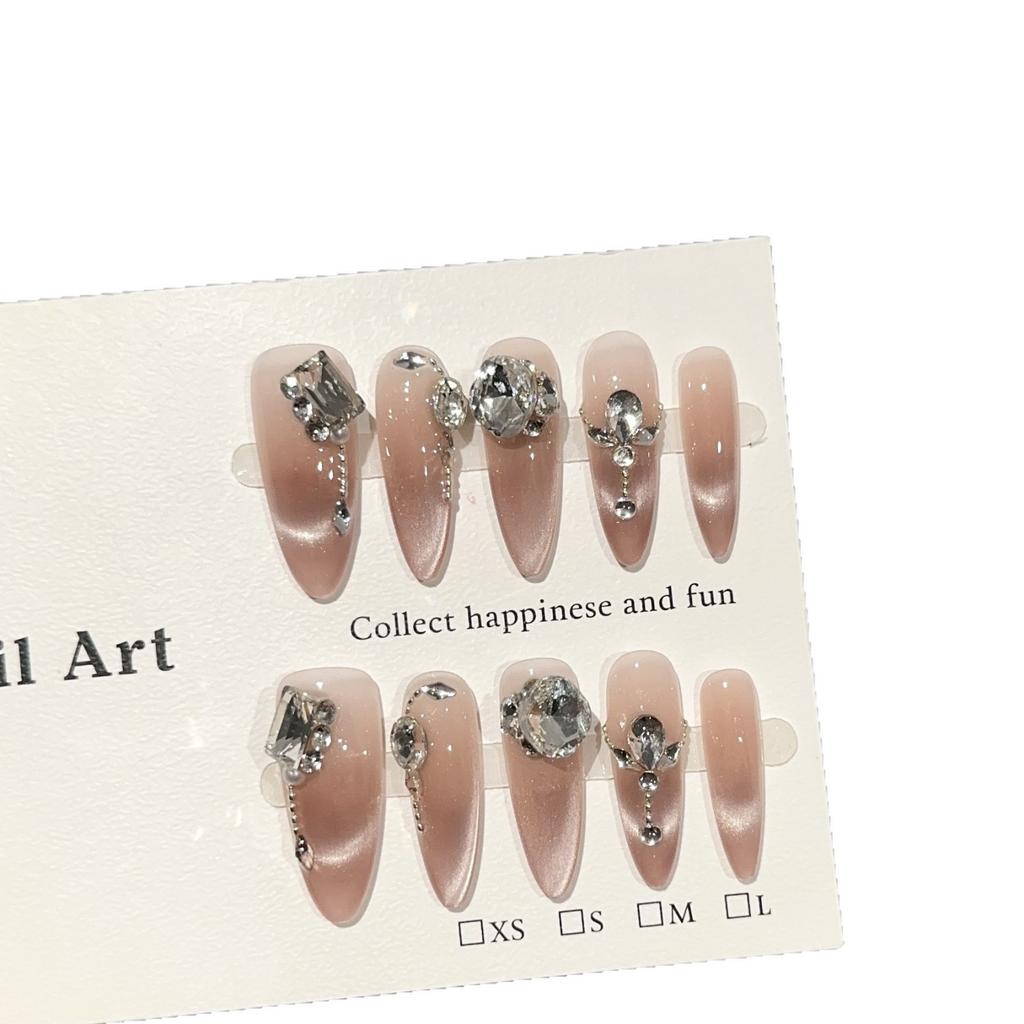Women Press‑On Nails Pure‑Handmade Pink Cat Eye Gentle Stacked Rhinestone Sparkling Light‑Luxury False Nail Patches