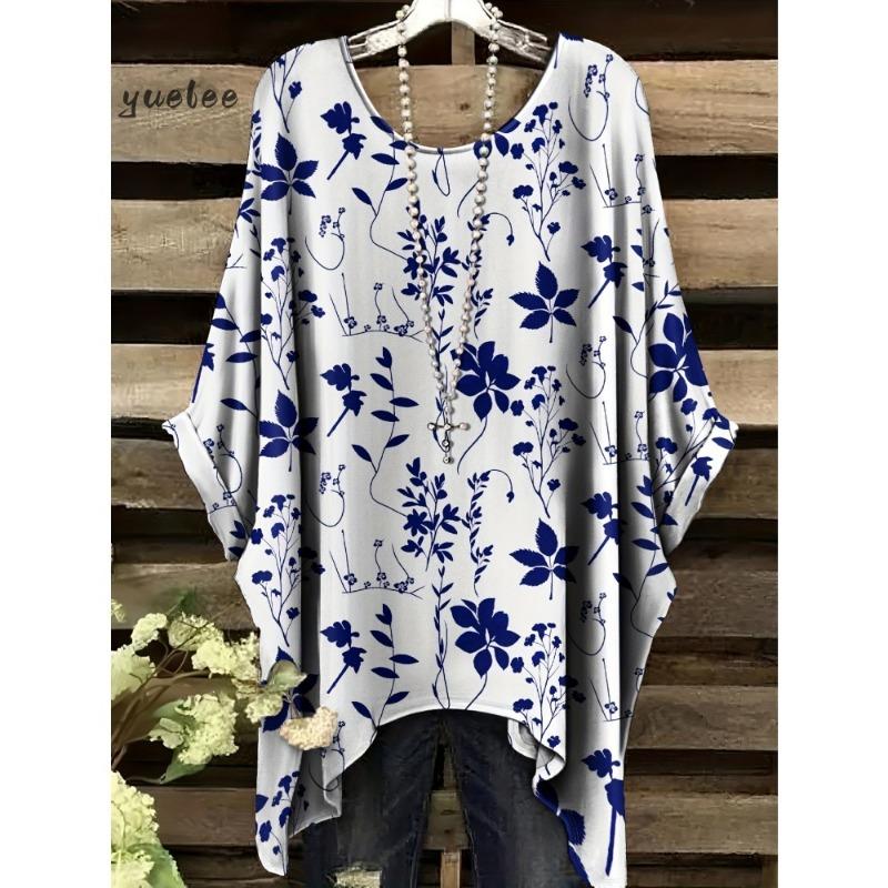 Camiseta para Mujer Estampado Floral Colorido Cuello Redondo Top Dobladillo Irregular Manga Corta Talla Grande Ropa para Mujer Casual al Aire Libre